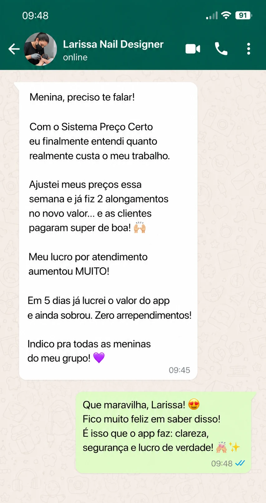 Print de conversa no WhatsApp: depoimento da Larissa, nail designer, sobre o Sistema Preço Certo