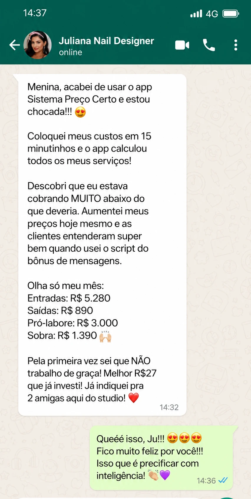 Print de conversa no WhatsApp: depoimento da Juliana, nail designer, sobre o Sistema Preço Certo